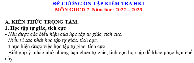  ĐỀ CƯƠNG ÔN TẬP HK I MÔN GDCD 7 NĂM HỌC 2022 – 2023