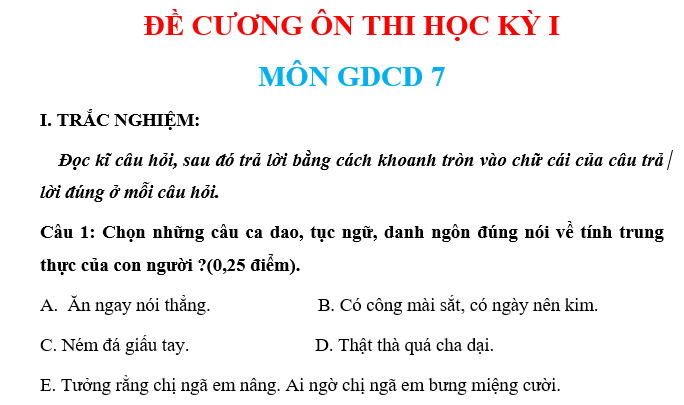 ĐỀ CƯƠNG ÔN TẬP HK I MÔN GDCD 7 NĂM HỌC 2022 – 2023 CÓ ĐÁP ÁN