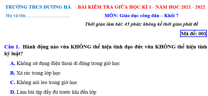 BÀI KIỂM TRA GIỮA HỌC KÌ 1 - NĂM HỌC 2021 - 2022 MÔN: Giáo dục công dân – Khối 7