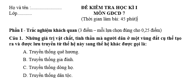 ĐỀ ÔN THI KIỂM TRA HỌC KÌ I GDCD7 HỌC KÌ 2022-2023