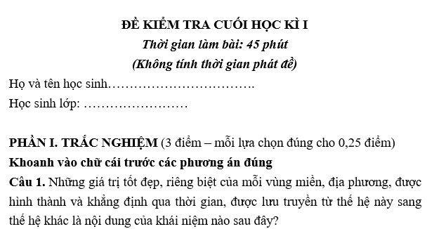 Đề ôn thi kiểm tra học kì cuối I GDCD7 học kì 2022-2023 là một phần quan trọng trong quá trình đánh giá kiến thức và năng lực của học sinh. Đề thi này được thiết kế nhằm đánh giá khả năng hiểu và áp dụng các kiến thức về Giáo dục công dân mà học sinh đã học trong suốt kì học vừa qua.  Đề thi gồm nhiều câu hỏi với nhiều dạng bài tập khác nhau, từ viết tắt, điền từ vào chỗ trống, trả lời câu hỏi ngắn cho đến viết bài luận. Mỗi câu hỏi đều đòi hỏi học sinh có kiến thức vững vàng, khả năng phân tích và suy luận tốt. Đề thi sẽ giúp học sinh rèn luyện kỹ năng tư duy logic, phân tích và đưa ra quan điểm riêng của mình về các vấn đề xã hội và nhân văn.  Trong quá trình ôn tập cho kỳ thi này, học sinh cần nắm vững các kiến thức cơ bản về Giáo dục công dân, bao gồm các khái niệm, nguyên tắc và giá trị cơ bản của công dân trong xã hội. Hơn nữa, học sinh cần có khả năng áp dụng kiến thức này vào các tình huống thực tế, từ đó phân tích và đưa ra quan điểm cá nhân một cách logic và sáng suốt.  Đề thi ôn tập cũng sẽ giúp học sinh làm quen với cấu trúc và yêu cầu của đề thi thực tế. Học sinh cần biết cách đọc hiểu câu hỏi, phân tích yêu cầu và trả lời một cách rõ ràng và logic. Đồng thời, học sinh cần rèn kỹ năng viết để có thể trình bày ý kiến một cách mạch lạc và rõ ràng.  Để đạt kết quả cao trong kỳ thi này, học sinh cần có sự chuẩn bị kỹ lưỡng và rèn luyện từng ngày. Học sinh nên ôn tập kiến thức một cách tổ chức, sử dụng các tài liệu tham khảo phù hợp và tham gia các bài tập ôn thi để làm quen với các dạng bài tập có thể xuất hiện trong đề thi.  Cuối cùng, học sinh cần giữ được tinh thần tự tin và kiên nhẫn trong quá trình ôn tập và làm bài thi. Đừng quên rằng ôn thi không chỉ là để đạt điểm cao mà còn để rèn luyện kiến thức và kỹ năng cho bản thân. Hãy luôn tin tưởng vào khả năng của mình và cố gắng hết mình để đạt được thành tích tốt nhất trong kỳ thi này. Chúc các em ôn tập hiệu quả và đạt được kết quả cao!