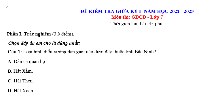 ĐỀ KIỂM TRA GIỮA KỲ I- NĂM HỌC 2022 - 2023 Môn thi: GDCD - Lớp 7