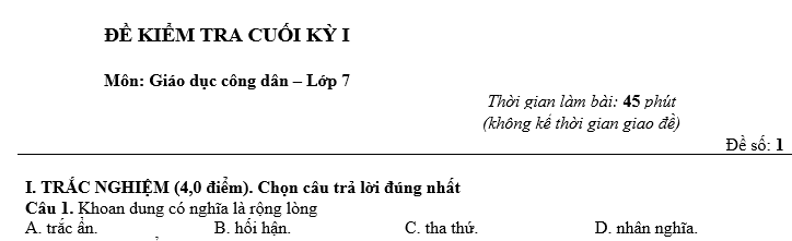 ĐỀ KIỂM TRA CUỐI KỲ I Môn: Giáo dục công dân – Lớp 7