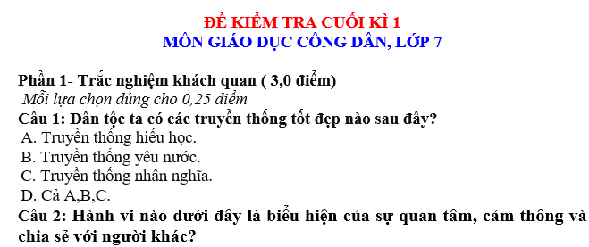 ĐỀ KIỂM TRA CUỐI KÌ 1 MÔN GIÁO DỤC CÔNG DÂN, LỚP 7