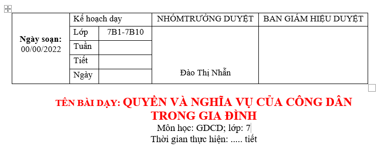 GIÁO ÁN GDCD lớp 7 QUYỀN VÀ NGHĨA VỤ CỦA CÔNG DÂN TRONG GIA ĐÌNH