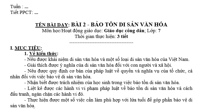 GIÁO ÁN GDCD lớp 7 BẢO TỒN DI SẢN VĂN HÓA