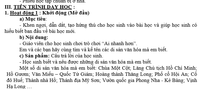 GIÁO ÁN GDCD lớp 7 BẢO TỒN DI SẢN VĂN HÓA