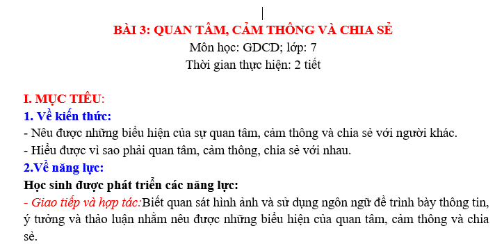 GIÁO ÁN GDCD lớp 7 QUAN TÂM, CẢM THÔNG VÀ CHIA SẺ 