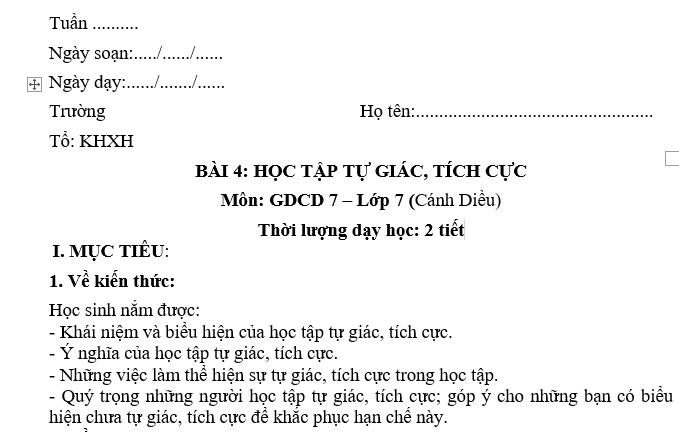 GIÁO ÁN GDCD lớp 7 HỌC TẬP TỰ GIÁC, TÍCH CỰC