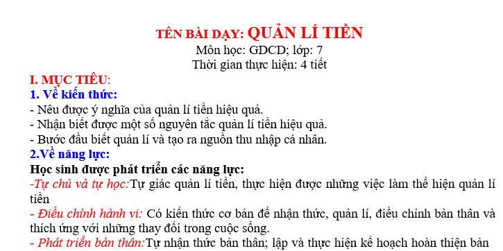 GIÁO ÁN GDCD lớp 7 QUẢN LÍ TIỀN