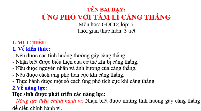 GIÁO ÁN GDCD lớp 7 ỨNG PHÓ VỚI TÂM LÍ CĂNG THẲNG