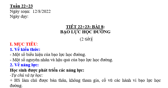 GIÁO ÁN GDCD lớp 7 BẠO LỰC HỌC ĐƯỜNG