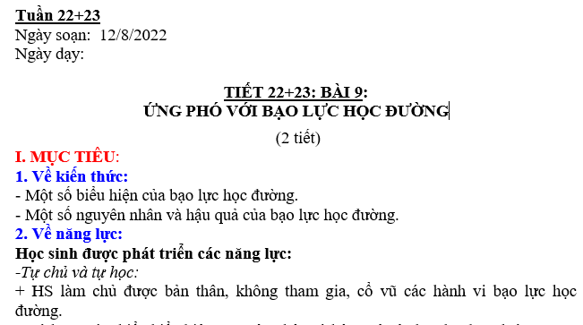 GIÁO ÁN GDCD lớp 7 ỨNG PHÓ VỚI BẠO LỰC HỌC ĐƯỜNG