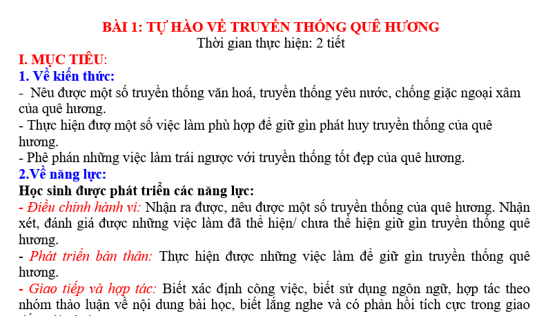 GIÁO ÁN GDCD lớp 7 TỰ HÀO VỀ TRUYỀN THỐNG QUÊ HƯƠNG