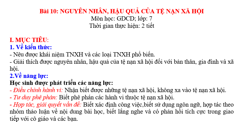 GIÁO ÁN GDCD lớp 7 NGUYÊN NHÂN, HẬU QUẢ CỦA TỆ NẠN XÃ HỘI