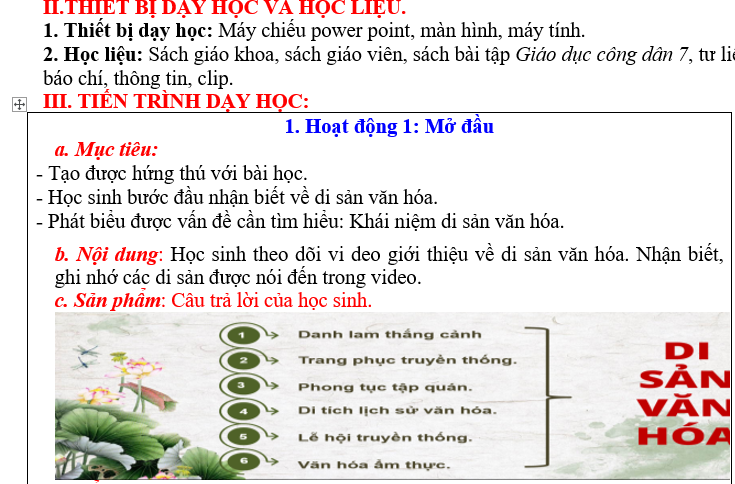 GIÁO ÁN GD.CD lớp 7 BẢO TỒN DI SẢN VĂN HÓA