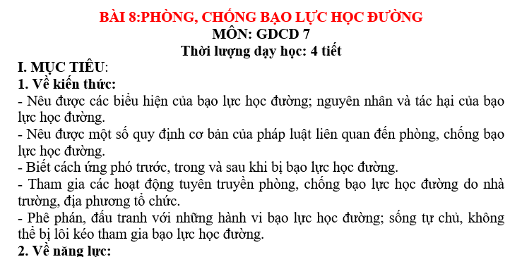 GIÁO ÁN GD.CD lớp 7 PHÒNG,CHỐNG BẠO LỰC HỌC ĐƯỜNG