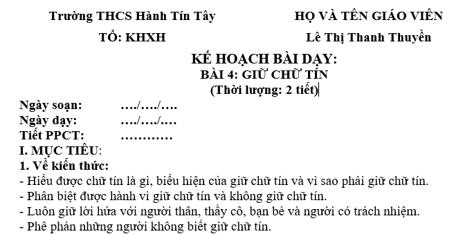 GIÁO ÁN GIẢNG DẠY GD.CD LỚP 7 GIỮ CHỮ TÍN