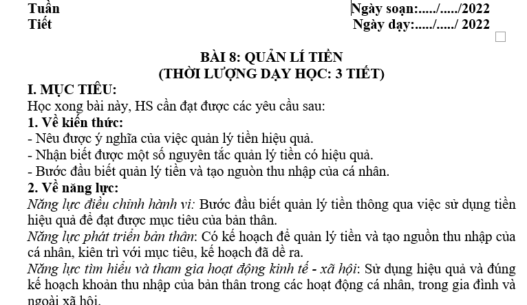 GIÁO ÁN GIẢNG DẠY GD.CD LỚP 7 : QUẢN LÍ TIỀN