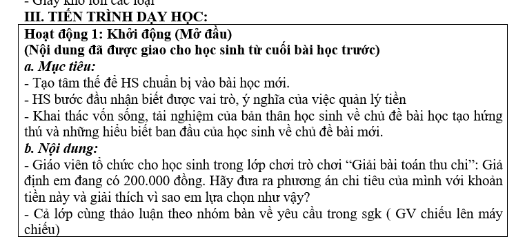 GIÁO ÁN GIẢNG DẠY GD.CD LỚP 7 : QUẢN LÍ TIỀN