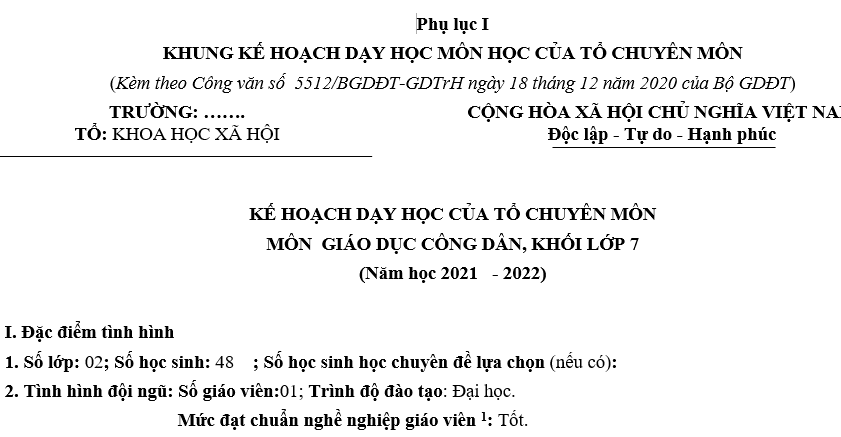 KẾ HOẠCH DẠY HỌC CỦA TỔ CHUYÊN MÔN MÔN GDCD,KHỐI LỚP 7(Năm học 2021-2022)