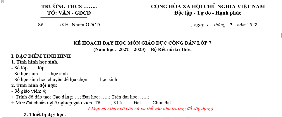 KẾ HOẠCH DẠY HỌC MÔN GIÁO DỤC CÔNG DÂN LỚP 7 Bộ Kết nối tri thức