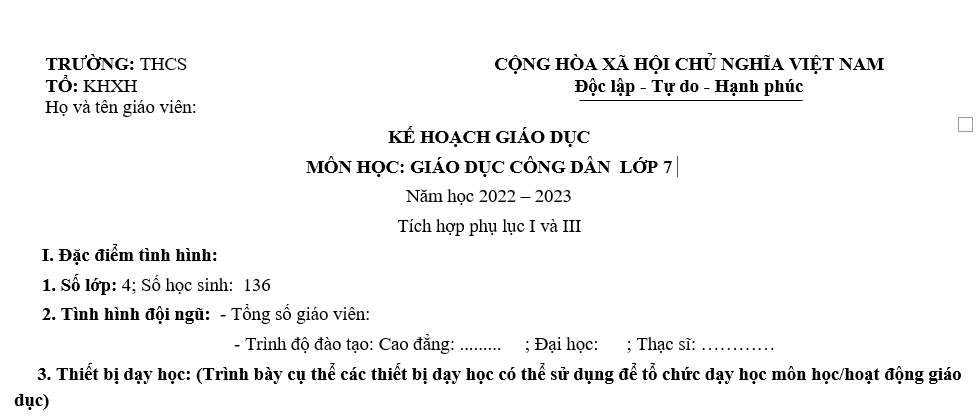 KẾ HOẠCH GIÁO DỤC  MÔN HỌC: GIÁO DỤC CÔNG DÂN  LỚP 7 