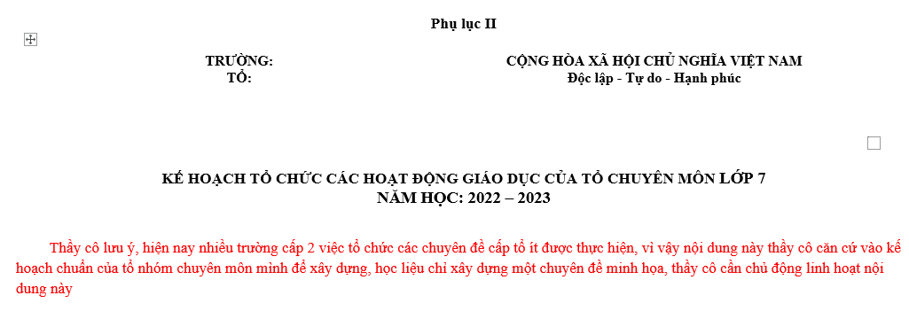 KẾ HOẠCH TỔ CHỨC CÁC HOẠT ĐỘNG GIÁO DỤC CỦA TỔ CHUYÊN MÔN LỚP 7