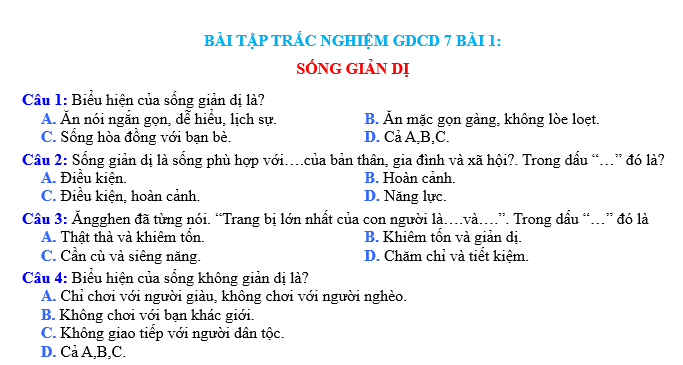 BÀI TẬP TRẮC NGHIỆM GDCD 7 BÀI 1: SỐNG GIẢN DỊ