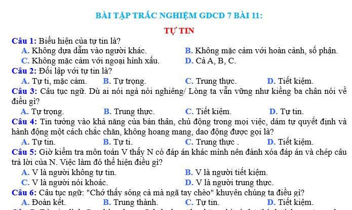 BÀI TẬP TRẮC NGHIỆM GDCD 7 BÀI 11:TỰ TIN