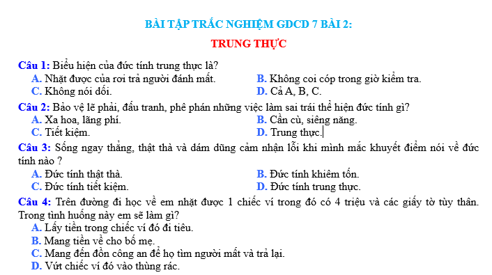 BÀI TẬP TRẮC NGHIỆM GDCD 7 BÀI 2:TRUNG THỰC