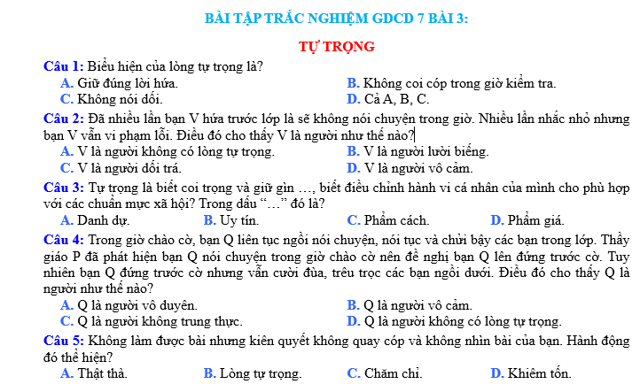 BÀI TẬP TRẮC NGHIỆM GDCD 7 BÀI 3: TỰ TRỌNG