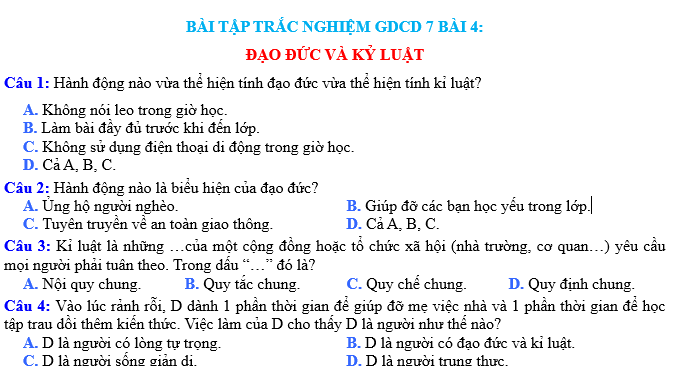 BÀI TẬP TRẮC NGHIỆM GDCD 7 BÀI 4:ĐẠO ĐỨC VÀ KỶ LUẬT 