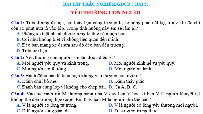 BÀI TẬP TRẮC NGHIỆM GDCD 7 BÀI 5:YÊU THƯƠNG CON NGƯỜI