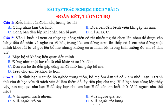 BÀI TẬP TRẮC NGHIỆM GDCD 7 BÀI 7:ĐOÀN KẾT, TƯƠNG TRỢ