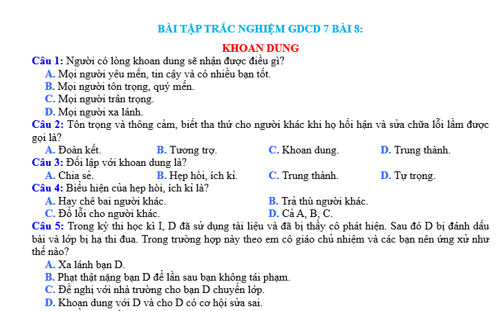 BÀI TẬP TRẮC NGHIỆM GDCD 7 BÀI 8:KHOAN DUNG