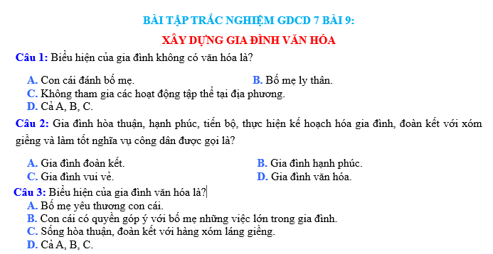 BÀI TẬP TRẮC NGHIỆM GDCD 7 BÀI 9: XÂY DỰNG GIA ĐÌNH VĂN HÓA