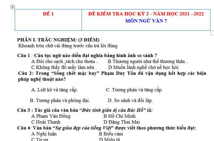 ĐỀ KIỂM TRA HỌC KỲ 2 - NĂM HỌC 2021 –2022 MÔN NGỮ VĂN 7