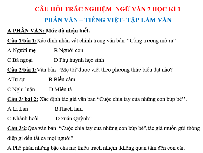 300 CÂU TRẮC NGHIỆM HỌC KỲ I NĂM HỌC 2021 –2022 MÔN NGỮ VĂN 7