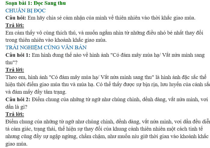 HỆ THỐNG CÂU HỎI VÀ TRẢ LỜI MÔN NGỮ VĂN LỚP 7 SGK CTST HỌC KỲ I