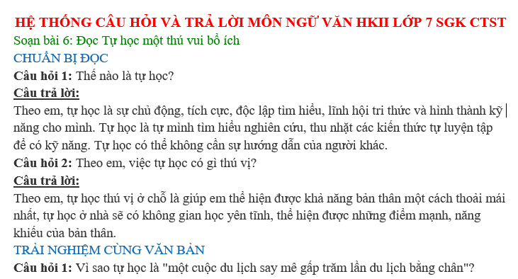 HỆ THỐNG CÂU HỎI VÀ TRẢ LỜI MÔN NGỮ VĂN LỚP 7 SGK CTST HỌC KỲ II