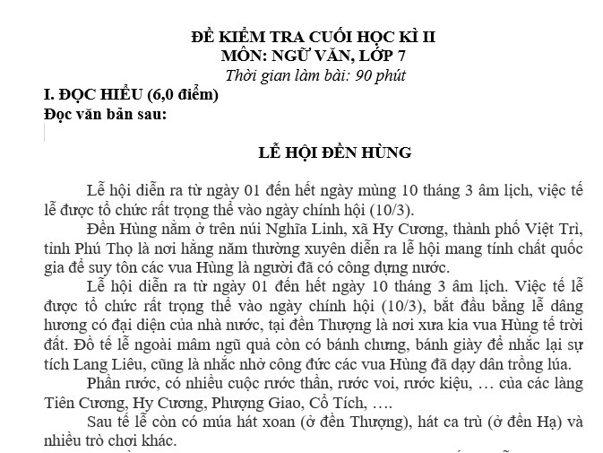 ĐỀ KIỂM TRA CUỐI HỌC KÌ II MÔN: NGỮ VĂN, LỚP 7 CÓ ĐÁP ÁN