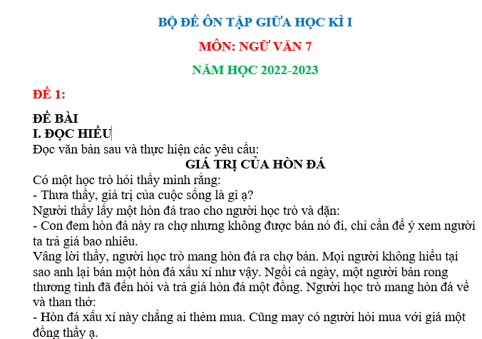 BỘ ĐỀ ÔN TẬP GIỮA HỌC KÌ IMÔN: NGỮ VĂN 7 NĂM HỌC 2022-2023