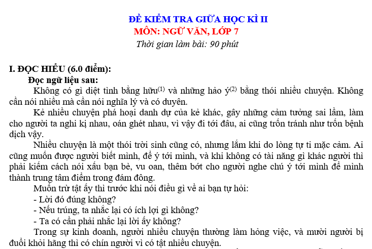 BỘ ĐỀ ÔN TẬP GIỮA HỌC KÌ II MÔN: NGỮ VĂN 7 NĂM HỌC 2022-2023