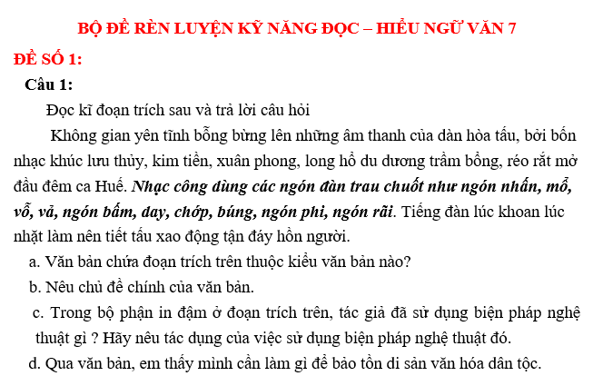 BỘ ĐỀ RÈN LUYỆN KĨ NĂNG ĐỌC HIỂU MÔN:NGỮ VĂN LỚP 7 NĂM HỌC 2022-2023