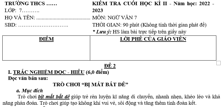 BỘ ĐỀ THI HK2 MÔN:NGỮ VĂN LỚP 7 NĂM HỌC 2022-2023