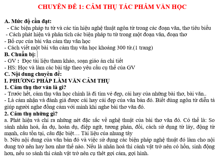 BỘ CHUYÊN ĐỀ VĂN LỚP 7 CHUYÊN ĐỀ 1: CẢM THỤ TÁC PHẨM VĂN HỌC