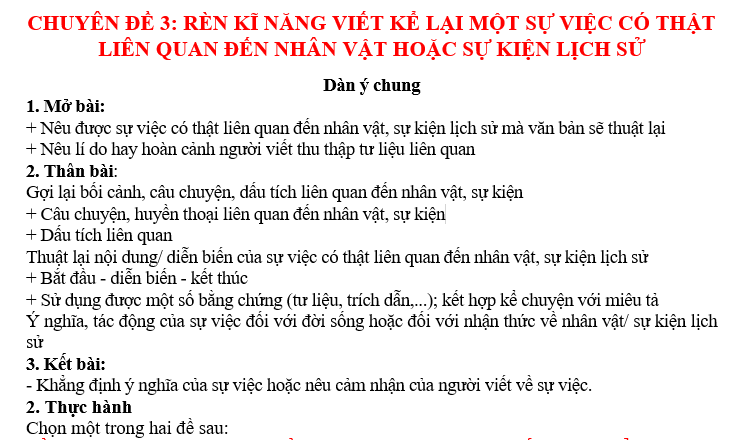 Bộ chuyên đề văn lớp 7 chuyên đề 3: Rèn kĩ năng viết kể lại một sự việc có thật liên quan đến nhân vật hoặc sự kiện lịch sử là một tài liệu tham khảo quý giá dành cho các học sinh. Bộ đề này được thiết kế để giúp học sinh rèn luyện kỹ năng viết tường thuật một cách chính xác và sinh động. Ngoài ra, bộ đề cũng giúp học sinh hiểu rõ hơn về các nhân vật hoặc sự kiện lịch sử quan trọng, từ đó nâng cao kiến thức và nhận thức của họ về lịch sử và văn học.  Kho đề này văn dành cho giáo viên, là nguồn tài liệu hữu ích để giáo viên có thể lên kế hoạch giảng dạy và thiết kế bài kiểm tra cho học sinh. Ngoài ra, kho đề cũng cung cấp cho giáo viên nhiều ý tưởng và phương pháp để hỗ trợ học sinh trong quá trình học tập và rèn luyện kỹ năng viết.   Tất cả các đề trong bộ chuyên đề này đều được thiết kế một cách cẩn thận và có tính thực tiễn cao, giúp học sinh dễ dàng áp dụng vào thực tế. Giáo viên cũng có thể sử dụng bộ đề này để tăng cường kiểm tra và đánh giá kỹ năng viết của học sinh.   Tóm lại, bộ chuyên đề văn lớp 7 chuyên đề 3: Rèn kĩ năng viết kể lại một sự việc có thật liên quan đến nhân vật hoặc sự kiện lịch sử là một tài liệu hữu ích cho cả học sinh và giáo viên. Đây là công cụ quan trọng để giúp học sinh phát triển kỹ năng viết và nâng cao kiến thức về lịch sử và văn học.