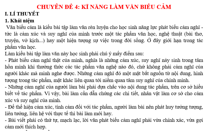 BỘ CHUYÊN ĐỀ VĂN LỚP 7 CHUYÊN ĐỀ 4: KĨ NĂNG LÀM VĂN BIỂU CẢM