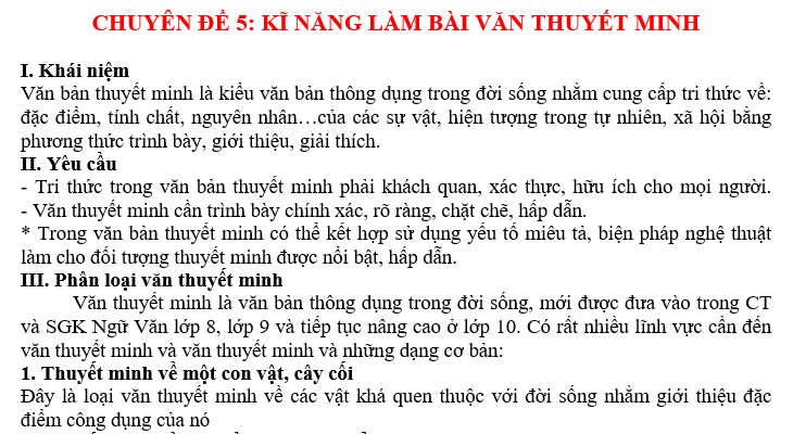 BỘ CHUYÊN ĐỀ VĂN LỚP 7 CHUYÊN ĐỀ 5: KĨ NĂNG LÀM BÀI VĂN THUYẾT MINH